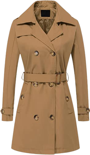 Women's Double Breasted Trench Coats Mid-Length Belted Overcoat Long Dress Jacket with Detachable Hood