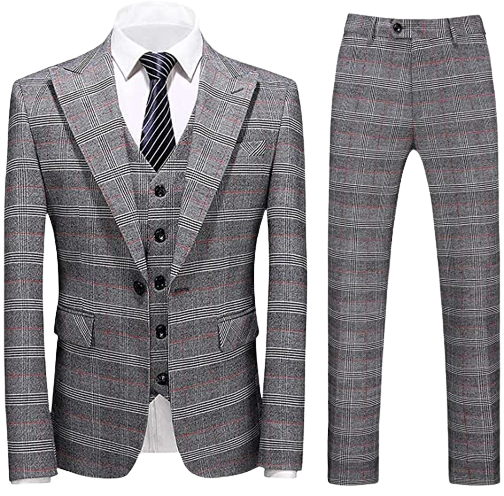 Mens Suits 3 Piece Check Plaid Suit Single Breasted One Button Jackets Formal Dress Party Prom Casual Tuxedo Suits for Men