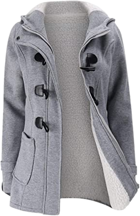 Womens Fashion Horn Button Fleece Thicken Coat with Hood Winter Warm Jacket