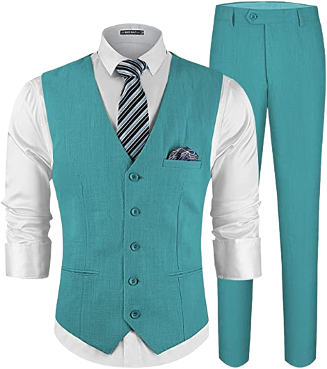 Men's Linen 2 Piece Suit Slim Fit Wedding Groomsmen Summer Vest Pants Set with Pocket Square